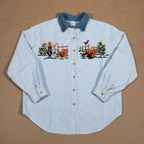 Vintage Fall Autumn Scene Embroidered Denim Pinstriped Button-Up Shirt Medium - Picture 1 of 8
